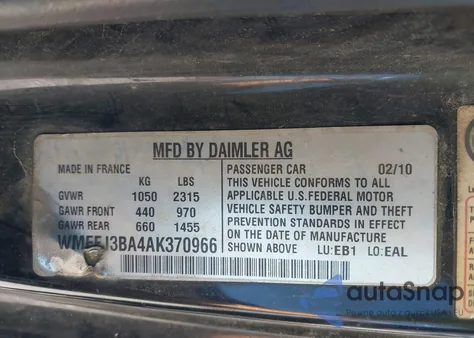 2010 Smart Fortwo Passion/Pure из США, поврежденный, VIN WMEEJ3BA4AK370966